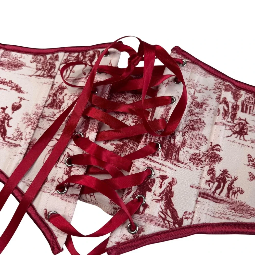 SCARLET DARKNESS Corset Belt Red Toile Lace Up Renaissance Women's Size 10 Ren